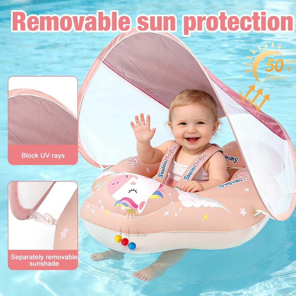 Baby Schwimmring mit Sonnendach Entfernbar, Baby Float, Rosa Baby Schwimmhilfe mit Schwimmsitz, Aufb