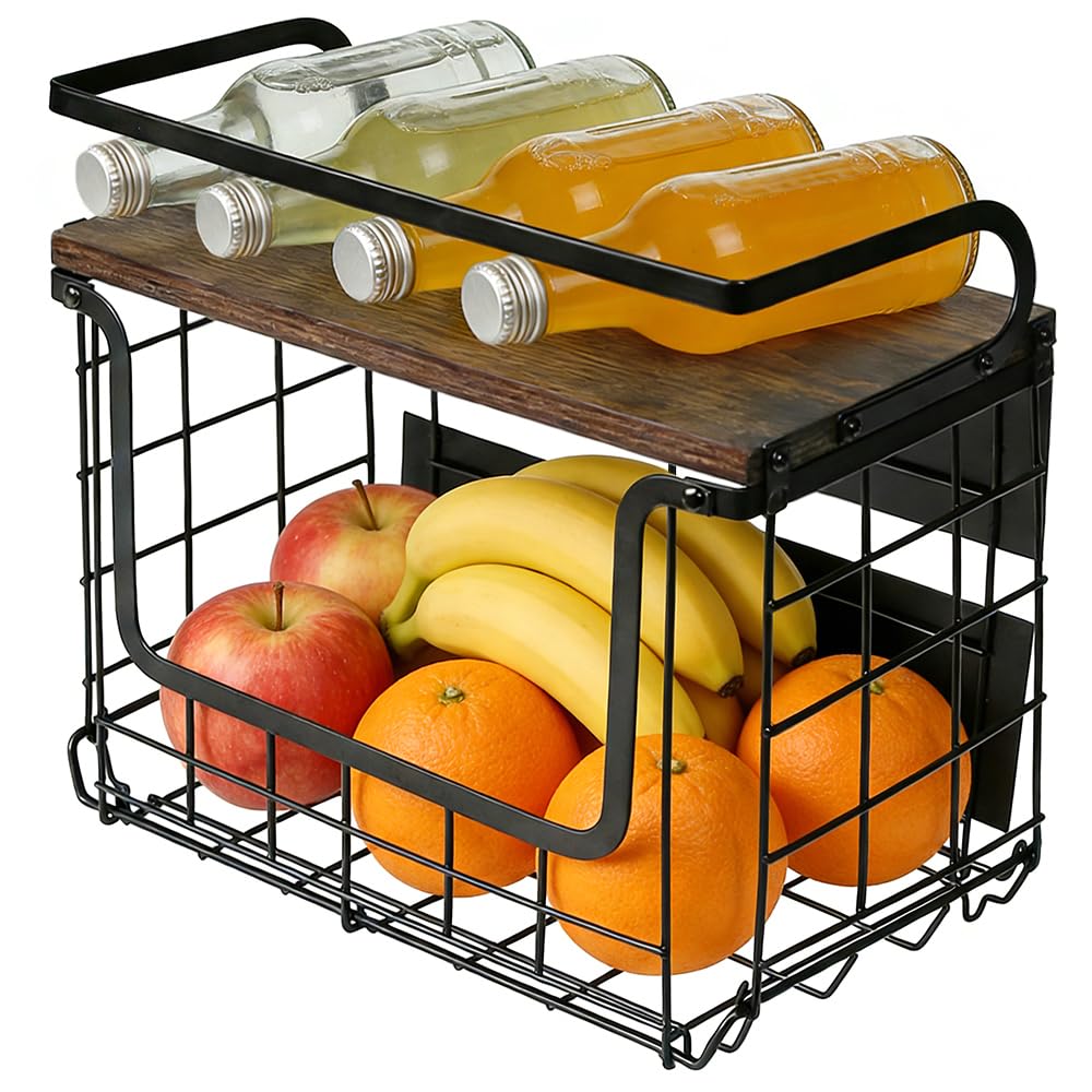 LANTUS Obstkorb, zum Aufhängen, Obstkorb, Wandkorb, für die Küche, mit Deckel aus Holz, zur Aufbewah