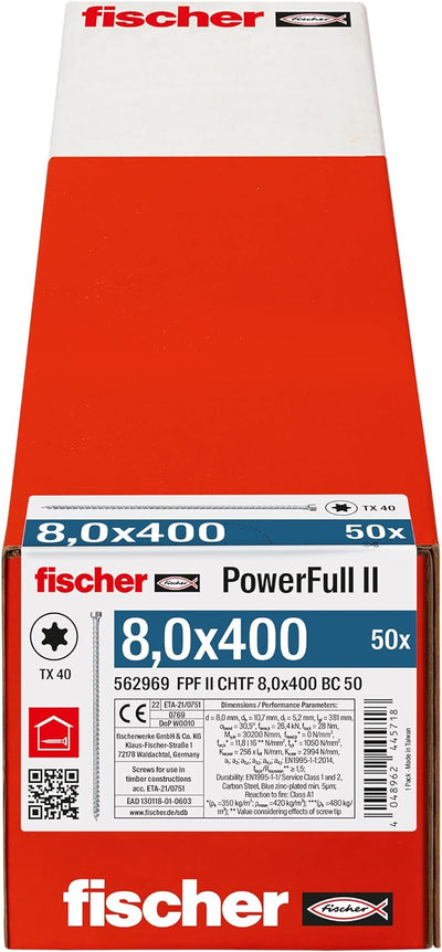 fischer PowerFull II 8,0 x 400, Premium Vollgewindeschraube (50 Stk.) mit innovativer Spitzengeometr