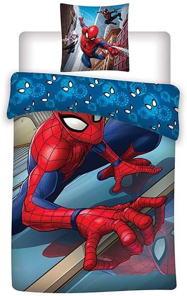 AYMAX Spiderman Bettwäsche Set 80 x 80 cm + 135 x 200 cm 100% Baumwolle, Blau