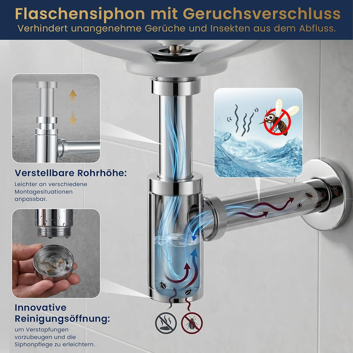 Wasserrhythm Universal Siphon mit Ablaufgarnitur für Waschbecken und Waschschalen mit Überlauf, Chro