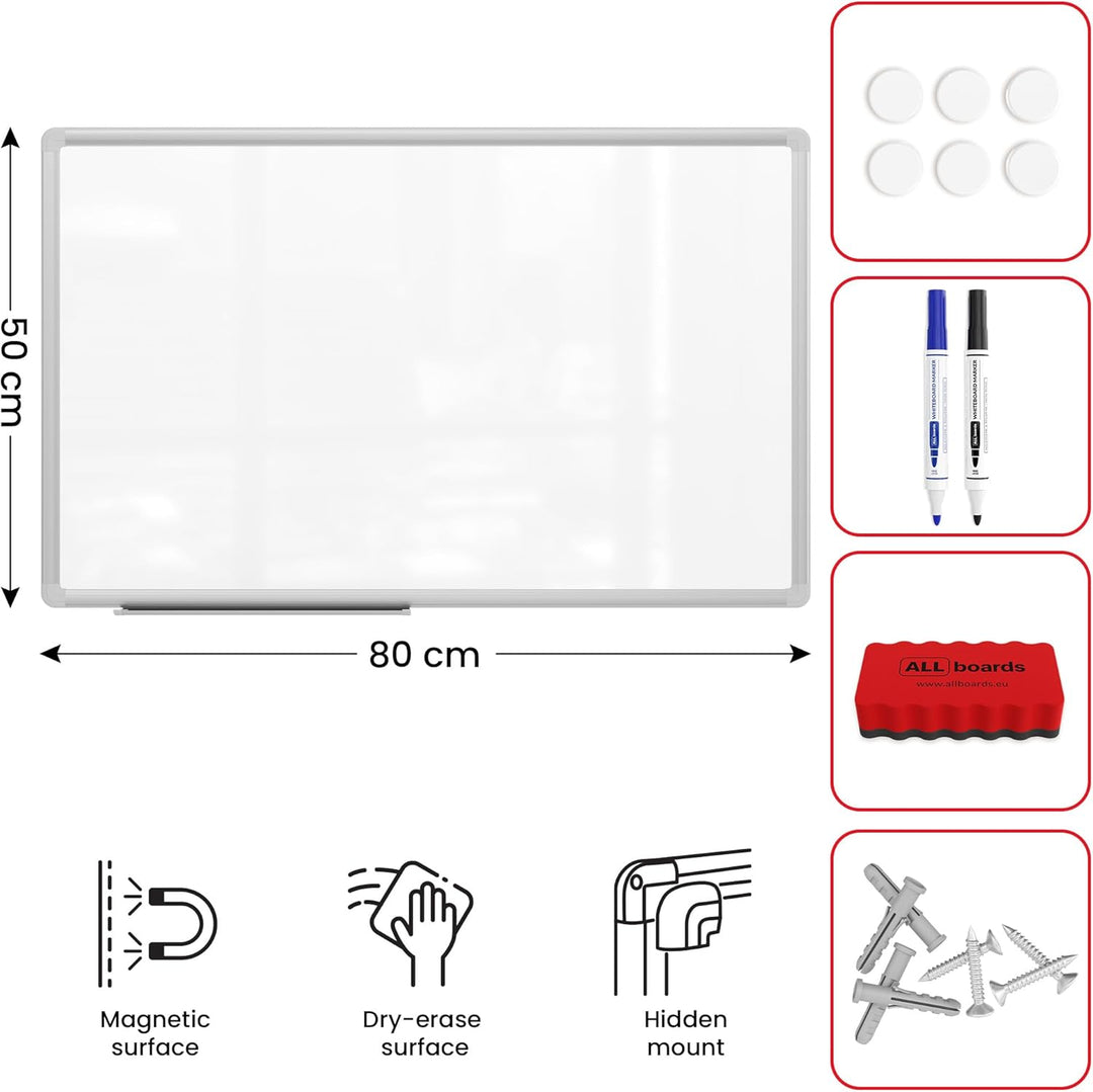 ALLboards Magnetisches Whiteboard 80x50cm Magnettafel mit Aluminiumrahmen Premium EXPO und Stifteabl
