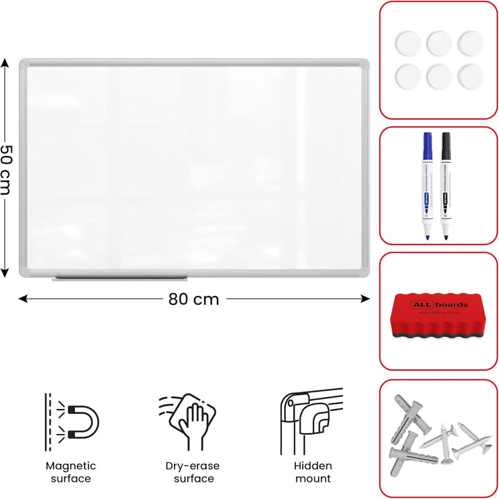 ALLboards Magnetisches Whiteboard 80x50cm Magnettafel mit Aluminiumrahmen Premium EXPO und Stifteabl