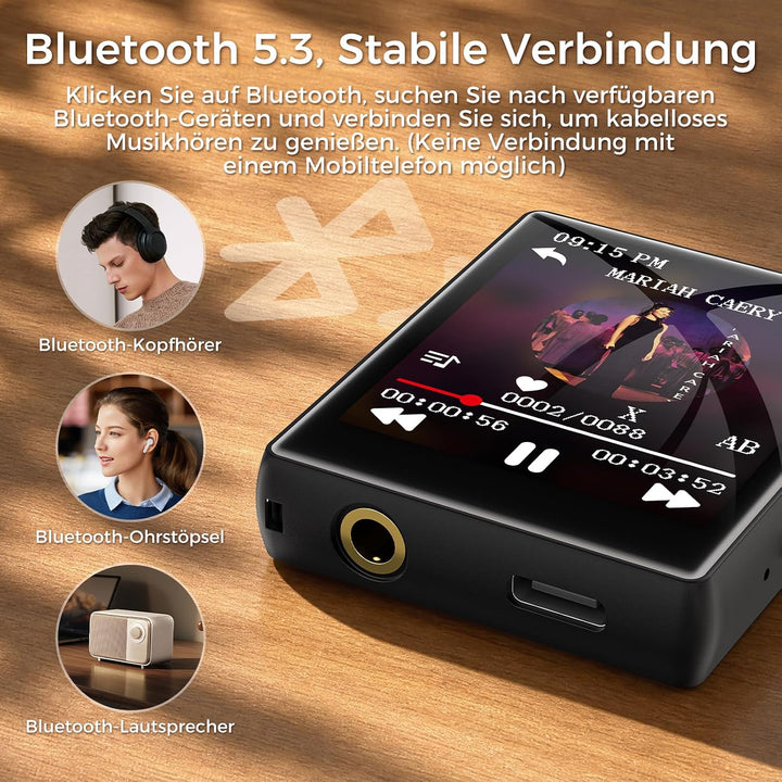 64GB MP3 Player mit Bluetooth 5.3, 1,8 Zoll Touchscreen MP3 Player mit Lautsprecher, HiFi Sound, UKW