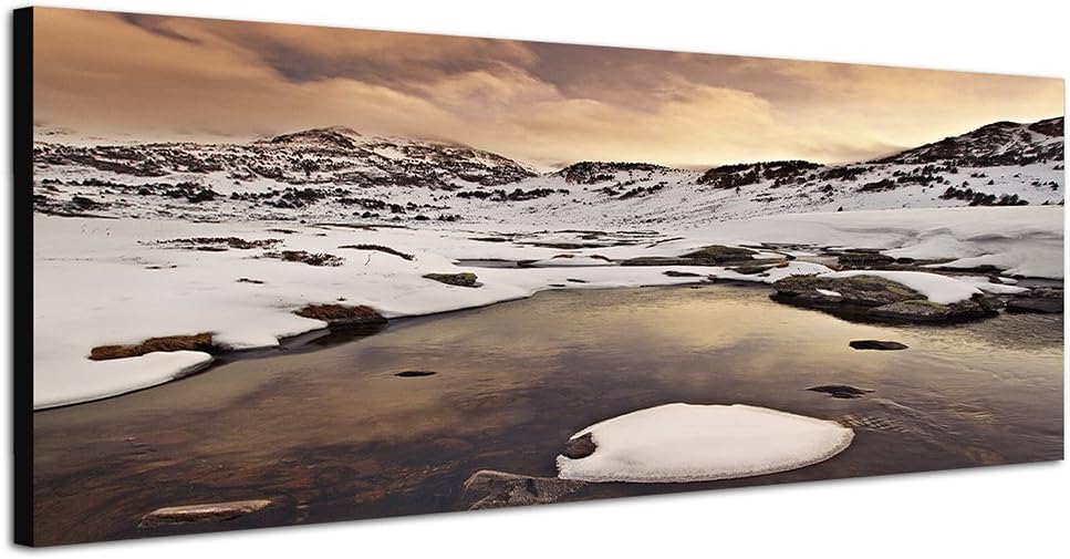 Paul Sinus Art Panoramabild auf Leinwand und Keilrahmen 150x50cm Wasser Berge Schnee Wolkenhimmel