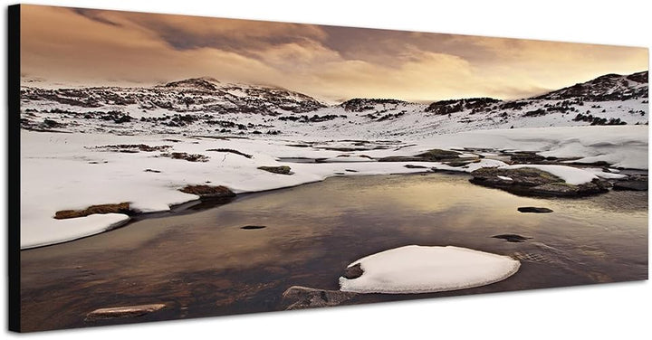 Paul Sinus Art Panoramabild auf Leinwand und Keilrahmen 150x50cm Wasser Berge Schnee Wolkenhimmel