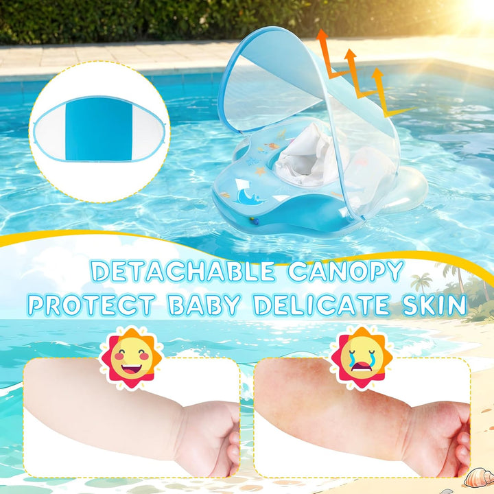 Baby Schwimmring mit abnehmbarem Sonnenschutz und Glöckchen, inklusive 1 x Handpumpe und 2 x Reparat