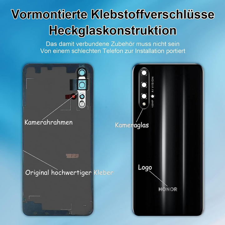 Eonpam Akkudeckel für Honor 20 Rückseite Glas Original Backcover Back Glas Ersatz Reparatur Set mit