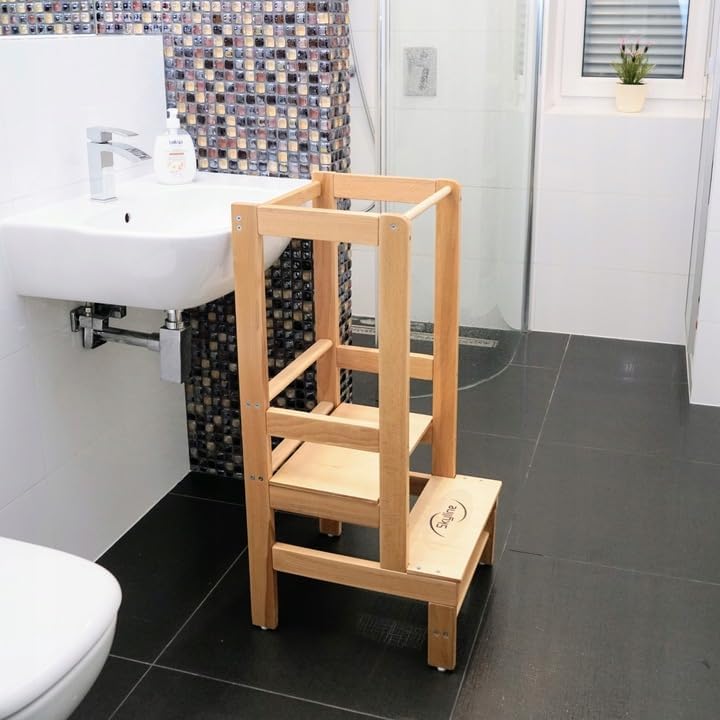Baby Montessori Lernturm Kleinkind Trittstufe mit Verstellbarer Höhe und Sicherheitsschiene (Modelln