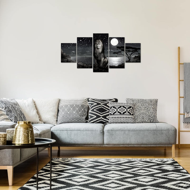 Runa Art Bild Wohnzimmer Schlafzimmer Afrika Löwe 5 Teilig Savanne Schwarz Weiss Wandbilder auf Vlie