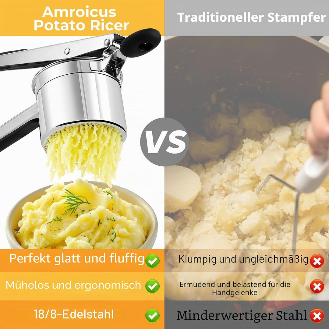 Kartoffelpresse 15oz, robuster Kartoffelstampfer aus Edelstahl mit 3 austauschbaren Scheiben, grosse