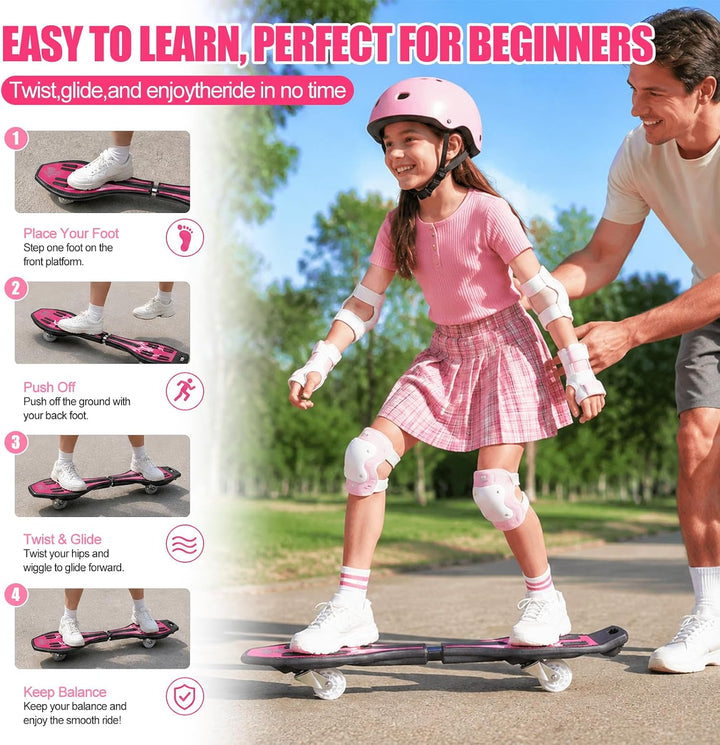 Waveboard Snakeboard Kinder LED Rollen, Caster Board | Anti-Rutsch-Oberfläche, 180° Drehung, leicht