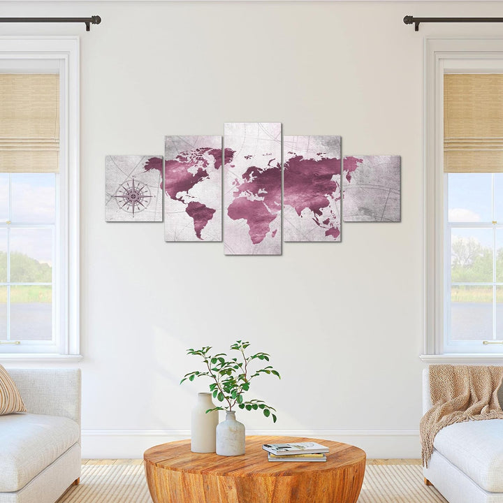 Runa Art - Bilder Weltkarte 200 x 100 cm 5 Teilig XXL Wanddekoration Design Pink 026051b 200 x 100 c