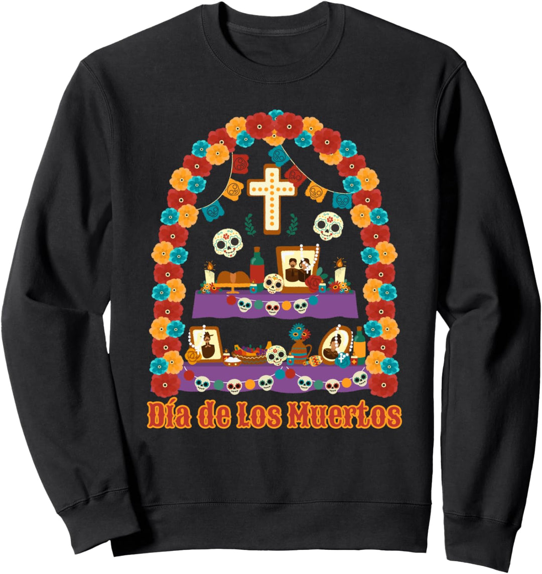 Día De Los Muertos Familien-Altar mit Zuckerschädeln und Essen Sweatshirt