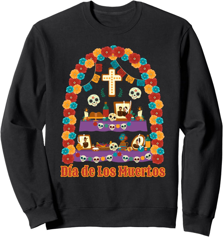 Día De Los Muertos Familien-Altar mit Zuckerschädeln und Essen Sweatshirt