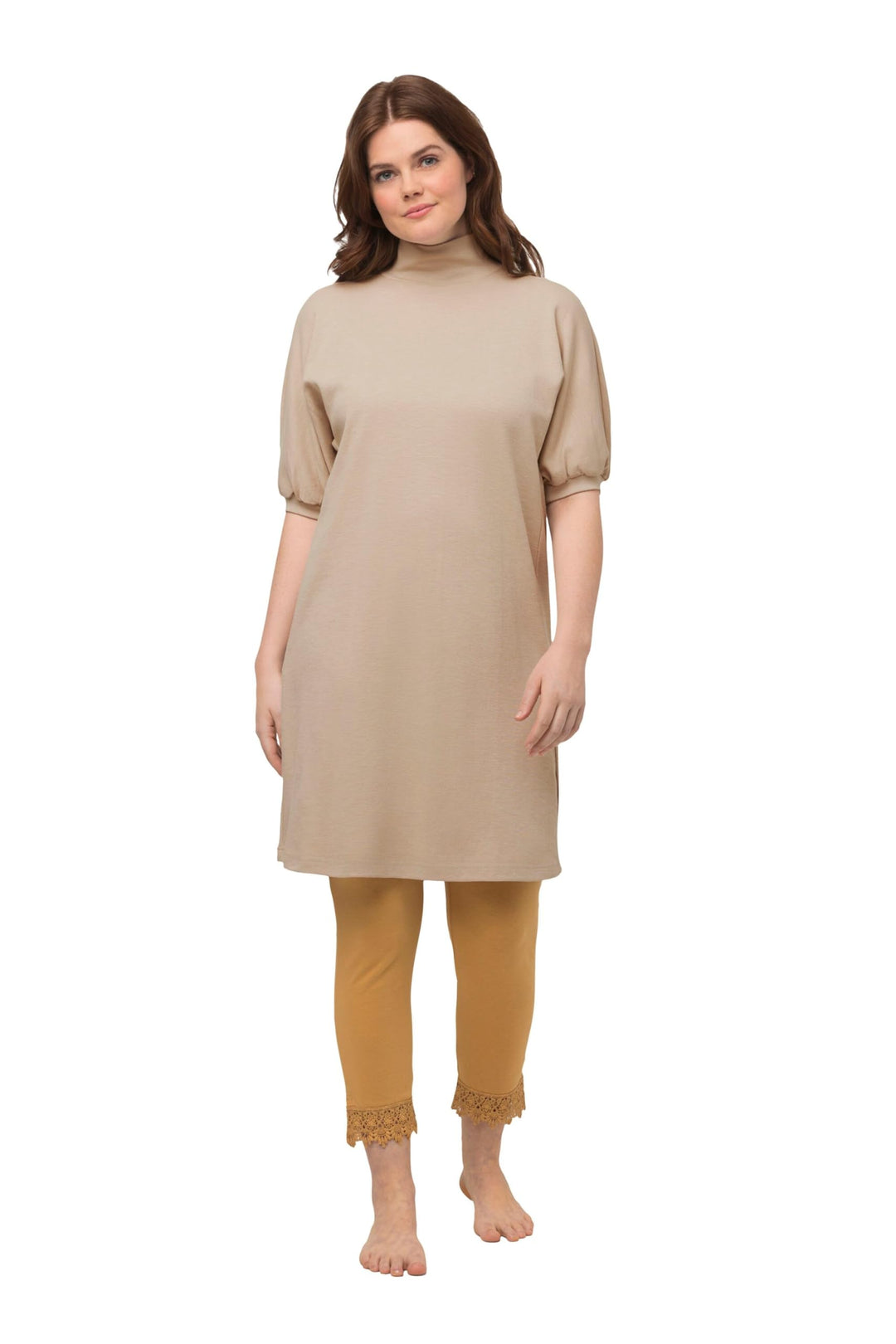 Ulla Popken Damen grosse Grössen Übergrössen Plus Size Longshirt, Eggshape, Rollkragen, Halbarm, Bio