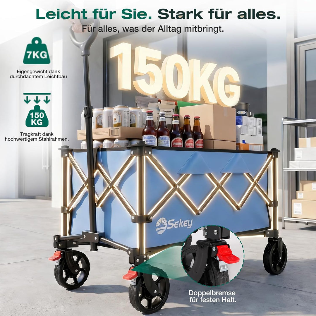 Sekey Bollerwagen Faltbar 135L 150KG Belastbar, Transportwagen klappbar mit Geländereifen mit Bremse