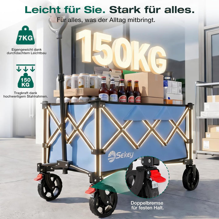 Sekey Bollerwagen Faltbar 135L 150KG Belastbar, Transportwagen klappbar mit Geländereifen mit Bremse