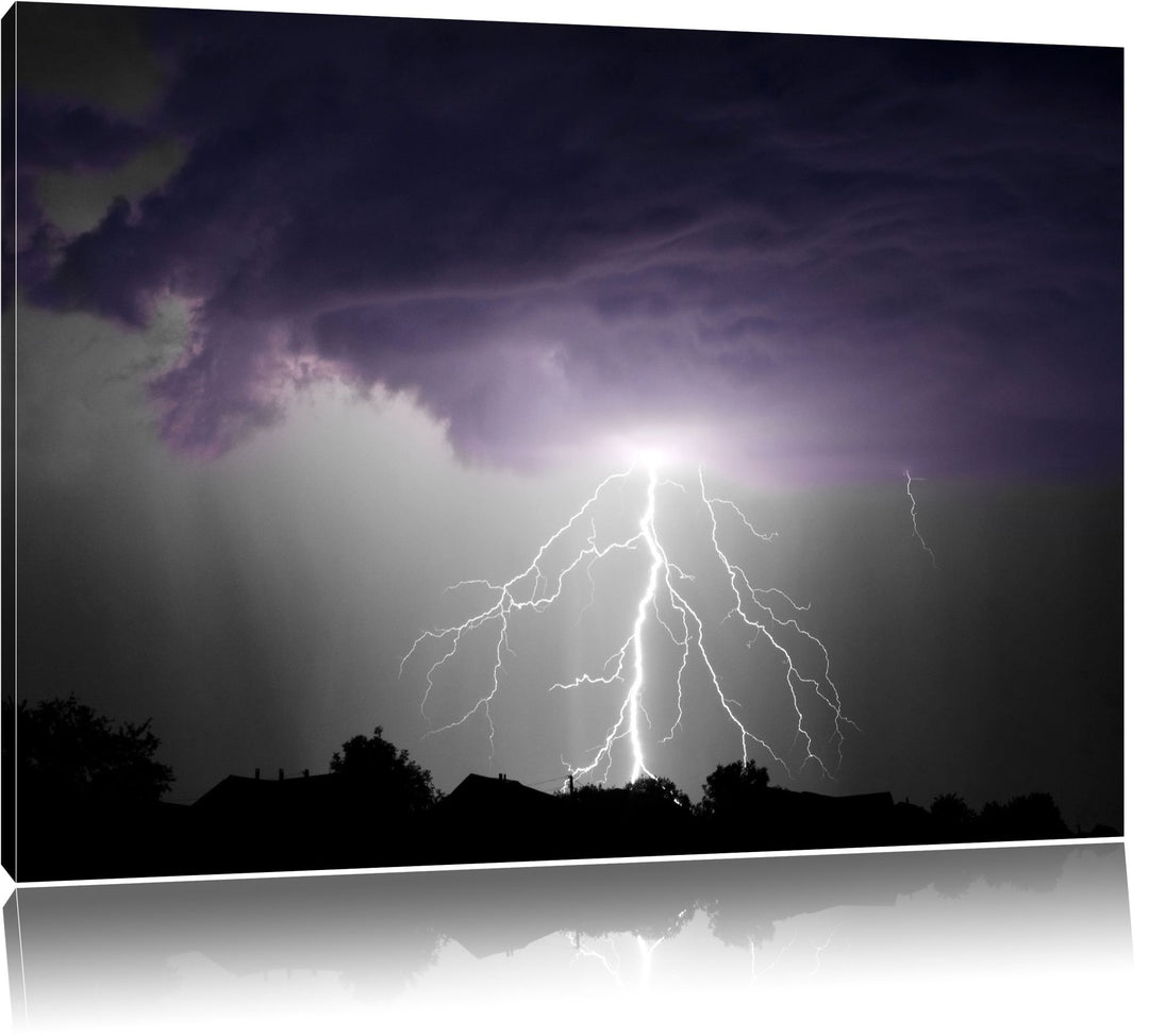 Gewitter über Häusern schwarz/weiss Format: 100x70 auf Leinwand, XXL riesige Bilder fertig gerahmt m