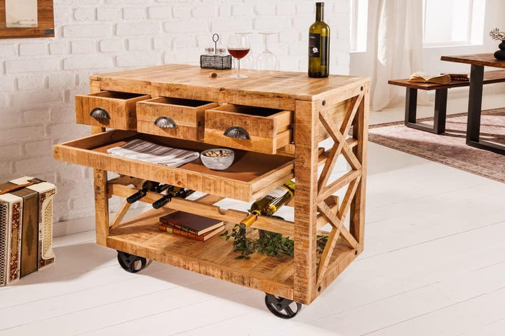 riess-ambiente.de Industrial Barschrank Bodega 86cm Mangoholz Servierwagen mit Weinregal