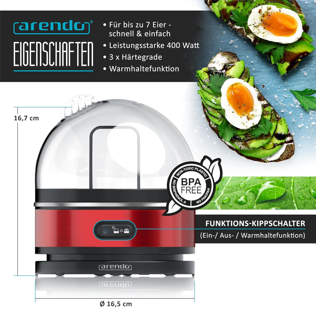 Arendo Sevencook Eierkocher 400 W – Edelstahl Design - 1-7 Eier - Egg Cooker - EIN/AUS-Schalter – 3