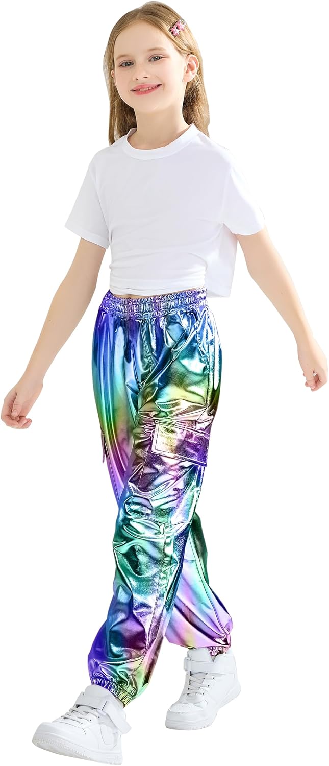 Rolanko Cargo Hosen für Mädchen, Metallische Tanz Hip Hop Hosen für Kinder Mit Elastischem Bund, Ret