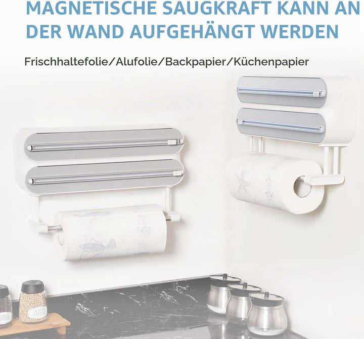 3 in 1 Küchenrollenhalter Magnetisch | Frischhaltefolienspender mit Scharfen Klingen | Folienschneid