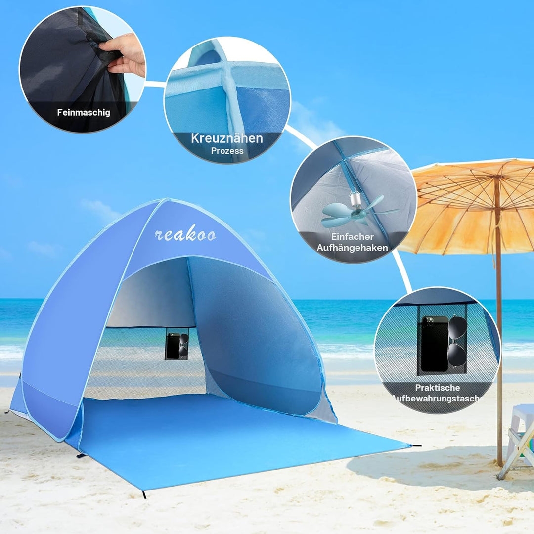 Strandmuschel Pop Up UV Schutz 50+, Tragbar Gross Strand Zelt, Automatisches Strandmuschel, Windschu