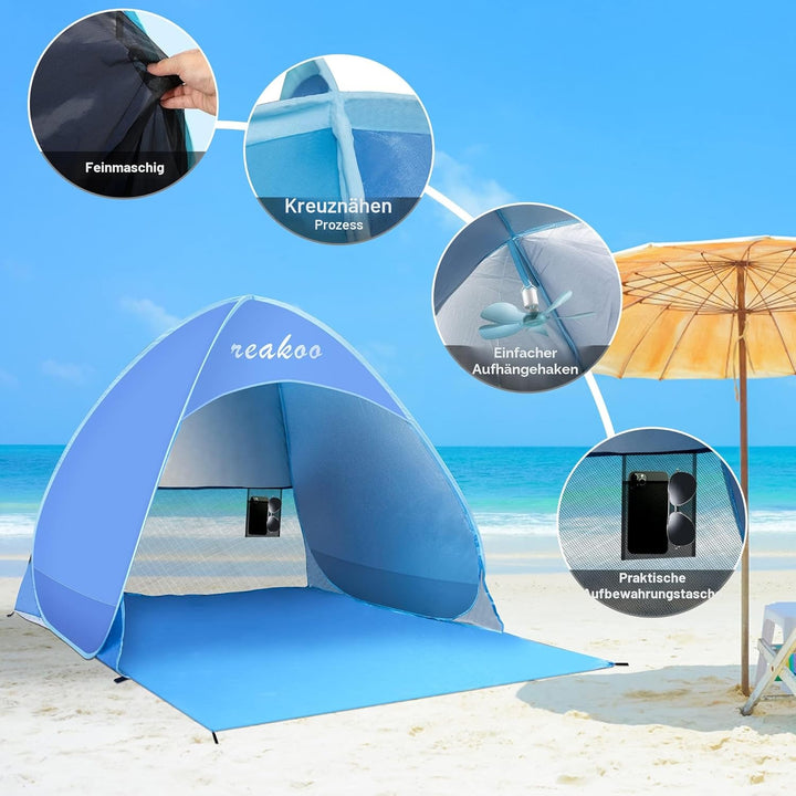 Strandmuschel Pop Up UV Schutz 50+, Tragbar Gross Strand Zelt, Automatisches Strandmuschel, Windschu