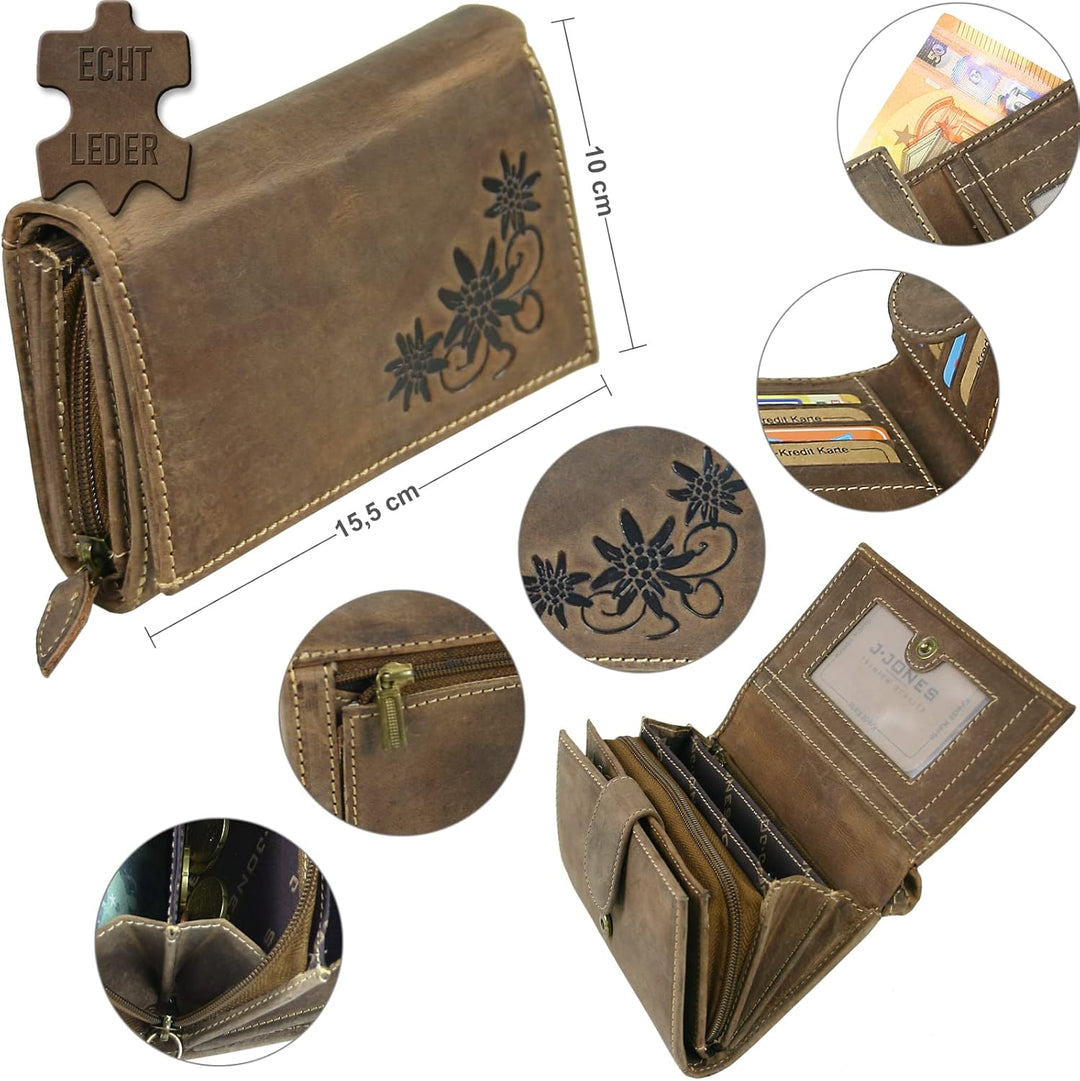 WILD THINGS ONLY !!! Grosse Damen Geldbörse aus Antik-Leder mit vielen Fächern - Motiv-Prägung - Far