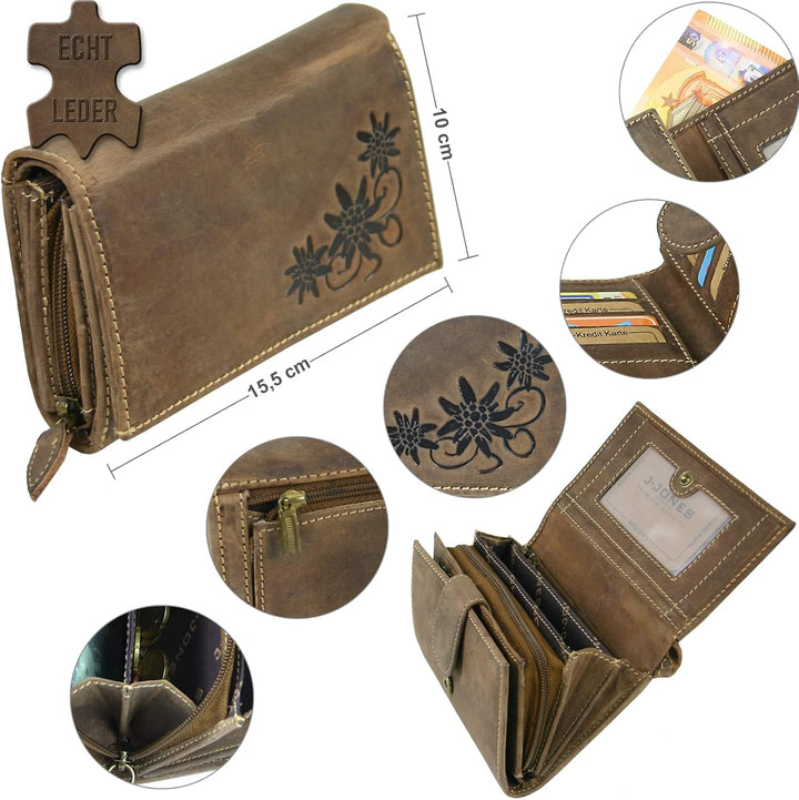 WILD THINGS ONLY !!! Grosse Damen Geldbörse aus Antik-Leder mit vielen Fächern - Motiv-Prägung - Far