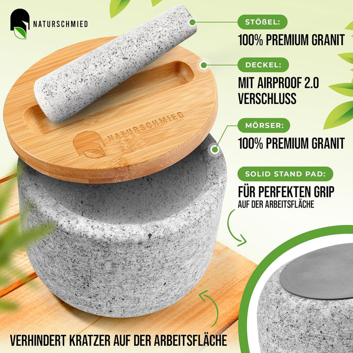 NATURSCHMIED Mörser mit Stössel & Deckel - AirProof 2.0 Verschluss + SolidStand Pad | 750 ml - Hellg