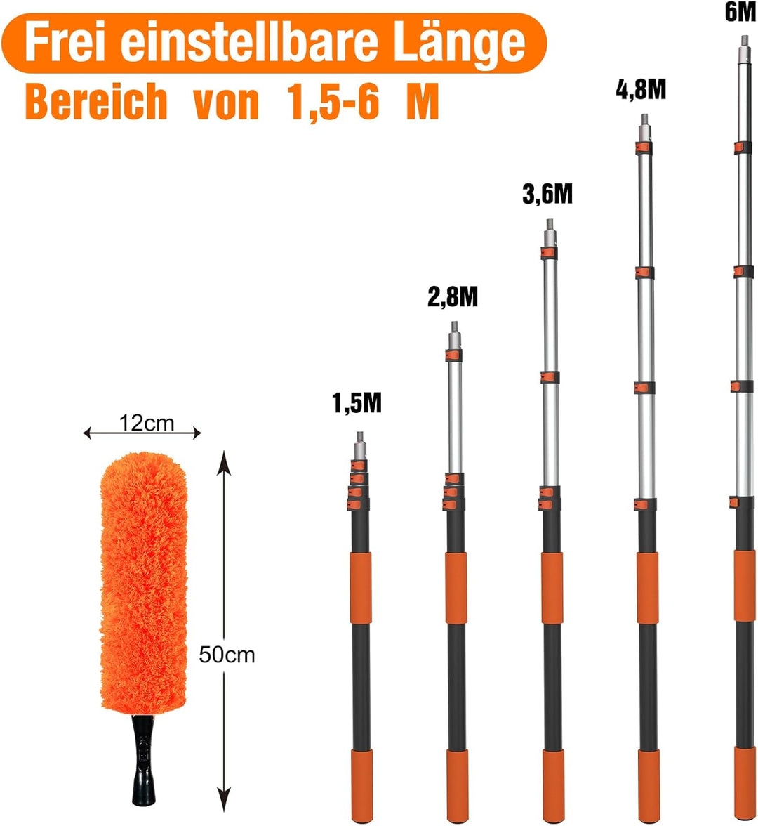 6M Staubwedel Teleskop Waschbar, Spinnwebenbesen mit Teleskopstiel, Fensterabzieher zum Reinigen von