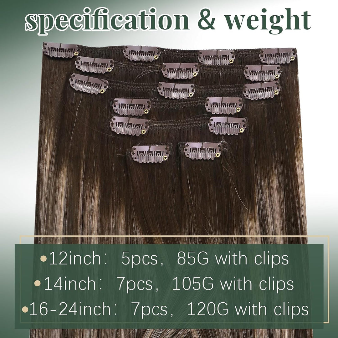 Ugeat Clip in Extensions Echthaar Aschblond 45 cm Balayage Dunkelbraun Glatt Echthaar Clip in Extens