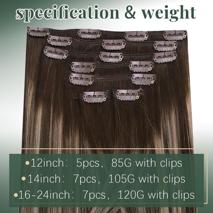 Ugeat Clip in Extensions Echthaar Aschblond 45 cm Balayage Dunkelbraun Glatt Echthaar Clip in Extens