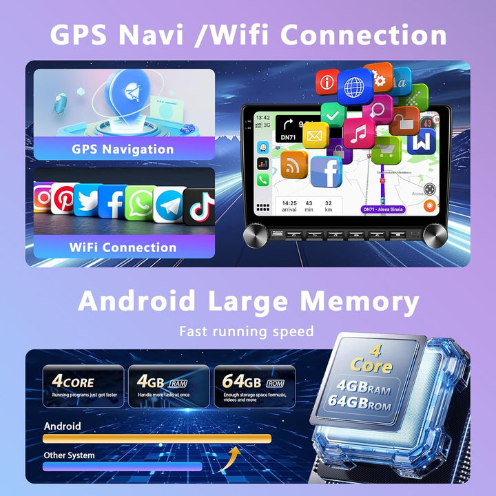 4GB+64GB Autoradio mit Kabelloses Carplay/Android Auto, 10 Zoll 2 Din Android Bildschirm Touchscreen