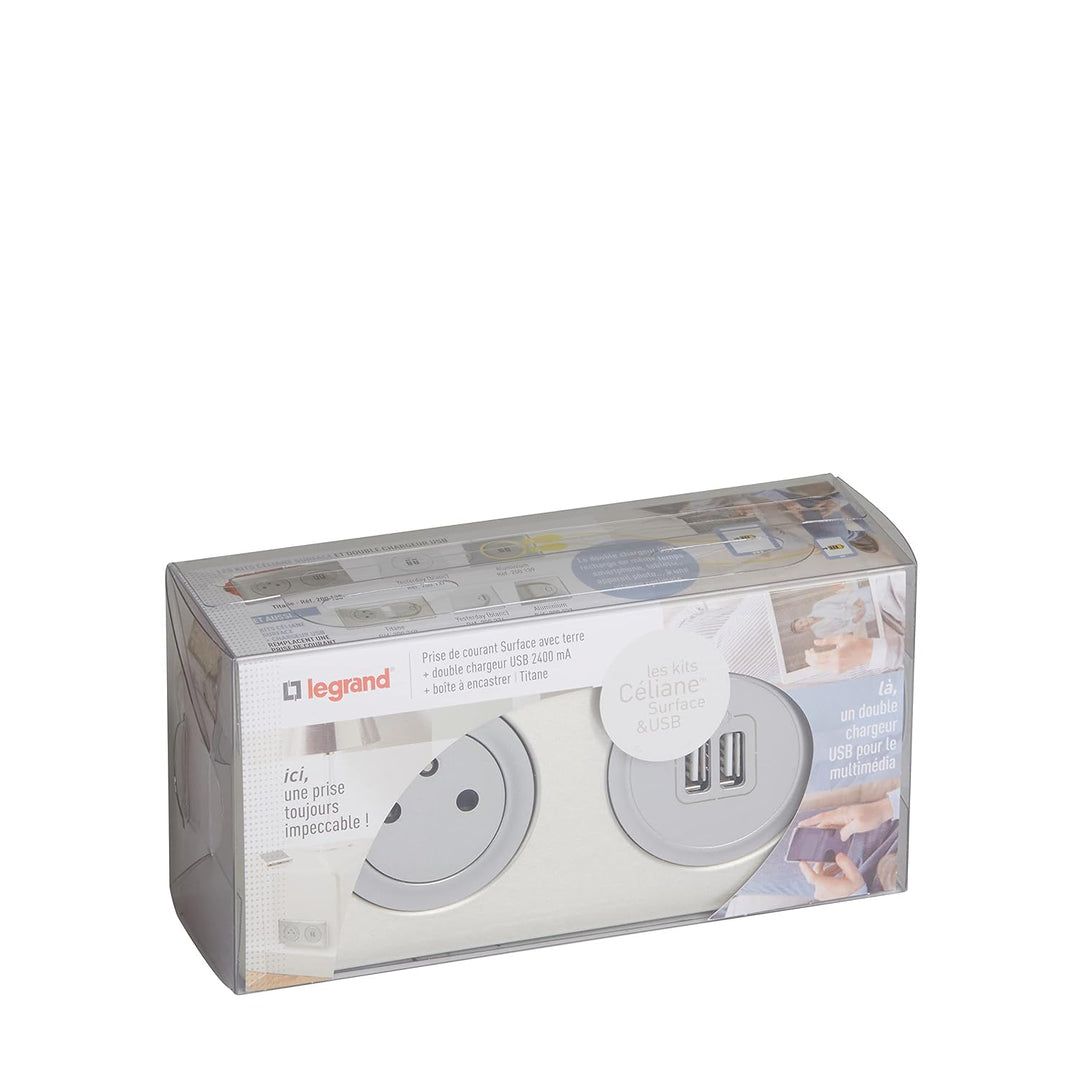 Legrand 200138 Céliane Kit Dual USB mit flexiblem Zwei polig/Erde Hauptventil, 230 V, titan, Titan