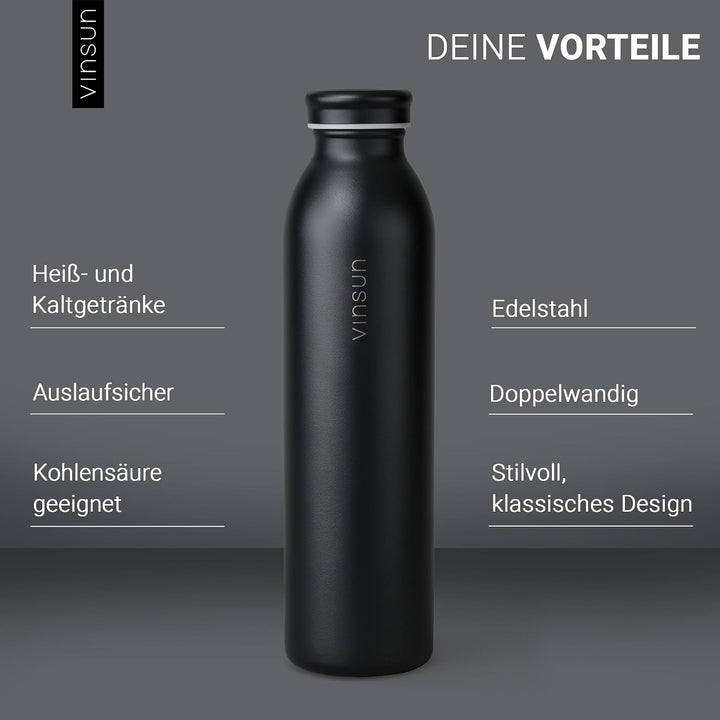 Vinsun Thermosflasche 600ml Schwarz - auslaufsicher, Kohlensäure geeignet | leichte Edelstahl Trinkf