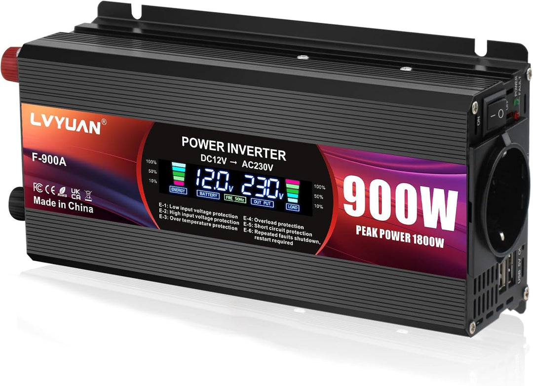 LVYUAN Wechselrichter 12V 230V 900W Spannungswandler Stromumwandler mit EU Steckdosen, 2 USB, Alliga