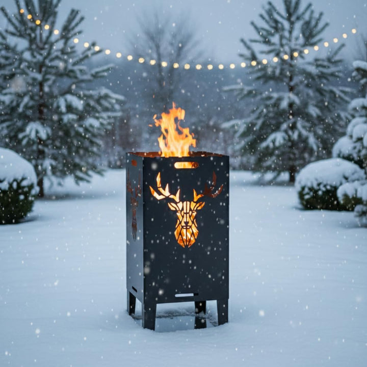 Feuertonne Hirsch &amp; Löwe - Massive Feuerkorb Feuerschale aus Stahl Outdoor Firepit mit Motiv Stabil,