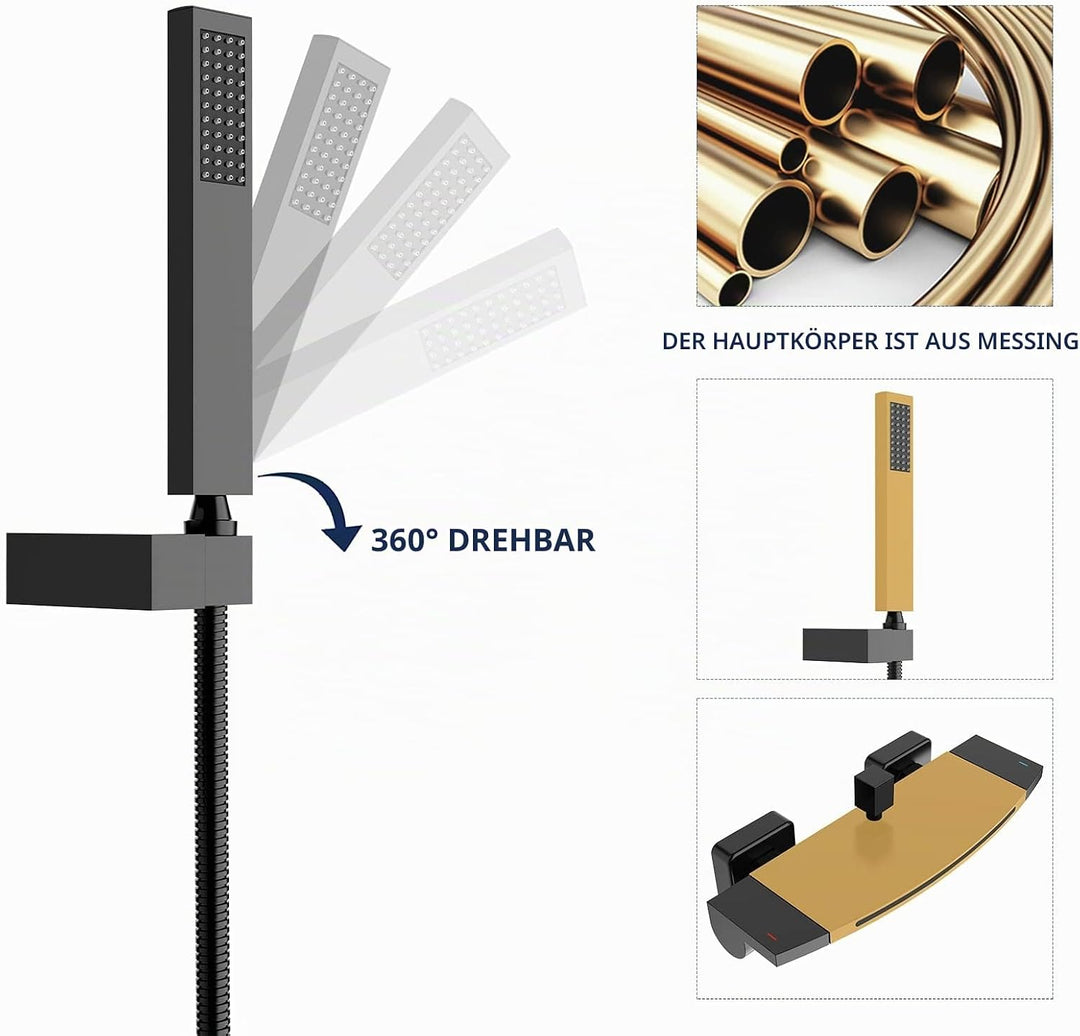 HOMELODY Schwarz Badewannenarmatur Wasserfall Armatur Badewanne Mischbatterie mit Brause Wannenarmat