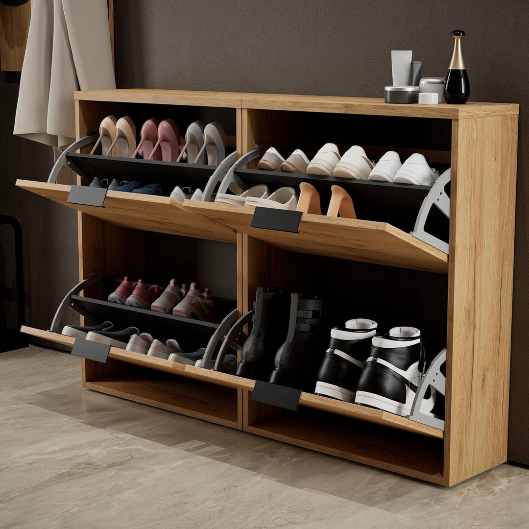 Planetmöbel 2 x Schuhschrank schmal mit 2 Klappen platzsparender Schuhregal mit 4 Ablagen, Schuhkomm