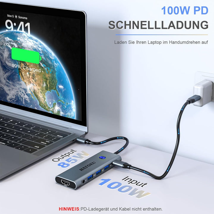USB C HUB, USB C Multiport Adapter für MacBook Pro/Air mit 4K@60Hz HDMI, 100W PD, SD/TF Kartenleser,