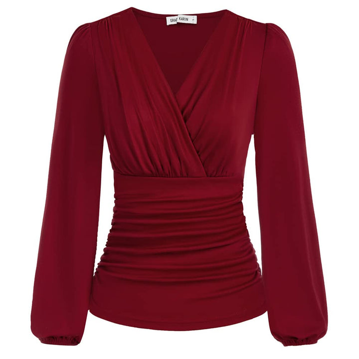 GRACE KARIN Damen V-Ausschnitt Bluse Elegant Wickelbluse Laterne Langarm Slim Fit Plissee-Top Tunika