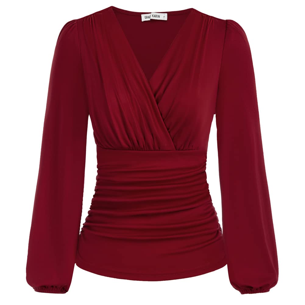 GRACE KARIN Damen V-Ausschnitt Bluse Elegant Wickelbluse Laterne Langarm Slim Fit Plissee-Top Tunika