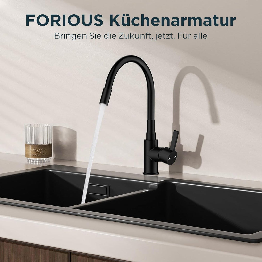FORIOUS Flexible Wasserhahn Küche Schwarz, 360° Drehbar Küchenarmatur 1 Loch Spülenarmatur, Einhebel