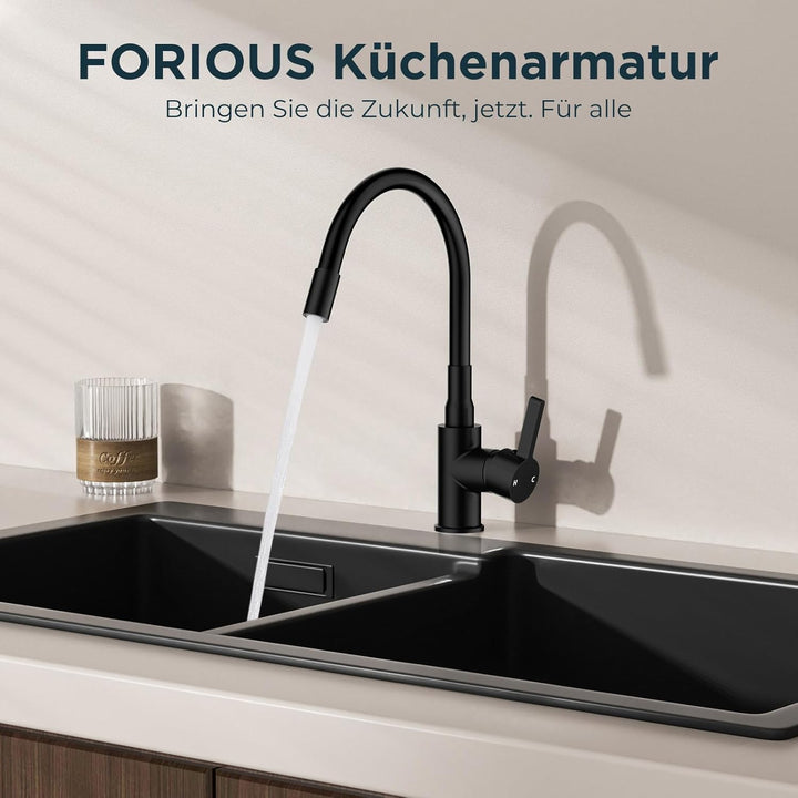 FORIOUS Flexible Wasserhahn Küche Schwarz, 360° Drehbar Küchenarmatur 1 Loch Spülenarmatur, Einhebel