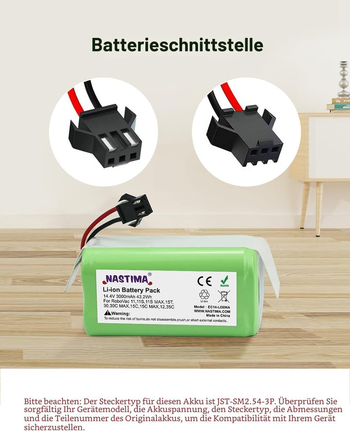 NASTIMA 14.4V 3000mAh Lithium-Ionen-Ersatzakku Kompatibel mit Eufy RoboVac 11 11S 11S MAX 12 15C 15T