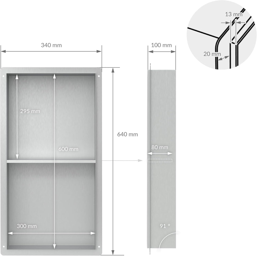 LuxeBath Wandnische Doppel aus Edelstahl, 30x60x10 cm, Silber, Duschnische, Randlos, Einbauregal, Fl
