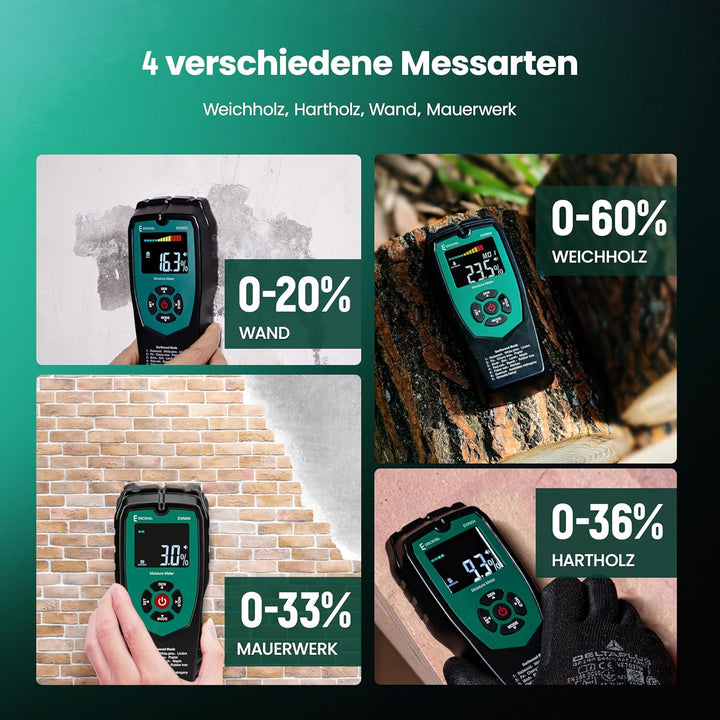 ERICKHILL Holz Feuchtemessgerät, nicht invasiver Feuchtemessgerät mit 4-Modi, LCD-Anzeige mit Hinter